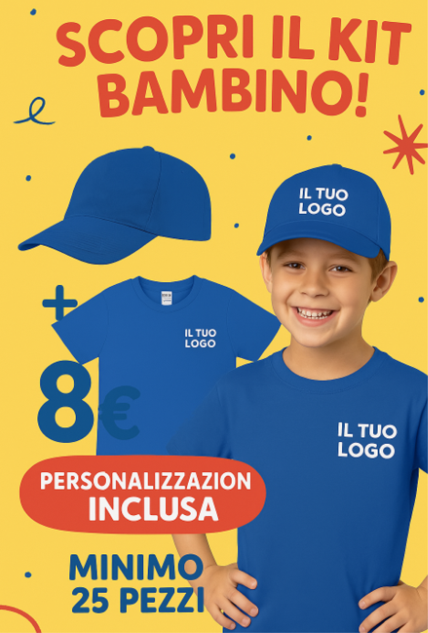 Kit bambino - T-shirt + Cappellino - 100% cotone  - 14 colori